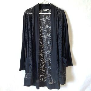 LOGO Lori Goldstein Black Open Front Slub Cardigan Lace Detail Womens Plus Sz 1X